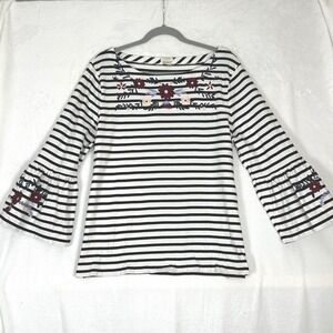 J.Crew Womens Embroidered Navy Breton Stripe Bell Sleeve Top XL Parisian Coastal